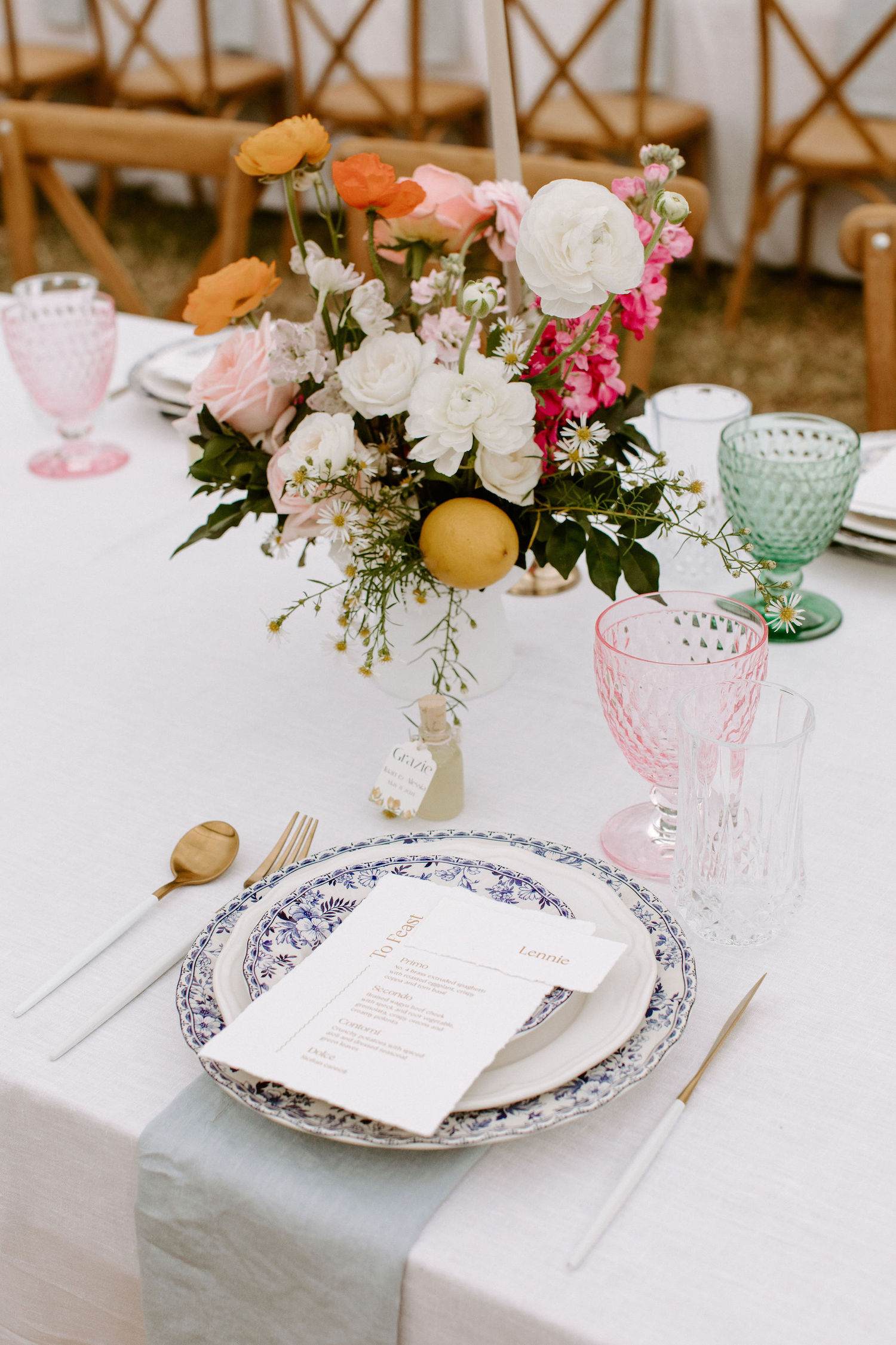 Linen menus to compliment garden party wedding florals